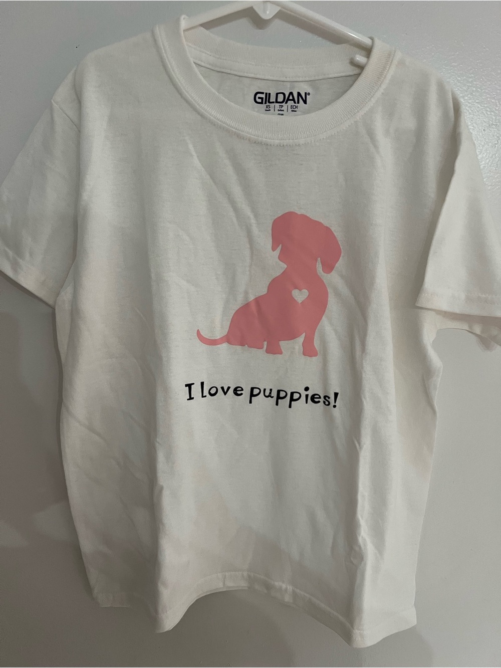 Gildan White Tee with Pink Puppy Silhouette and Heart